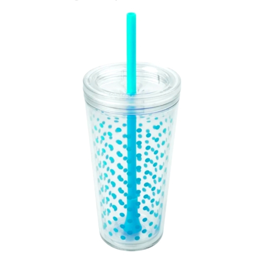 Clear Tumbler with Blue Polka Dots and Straw NEW